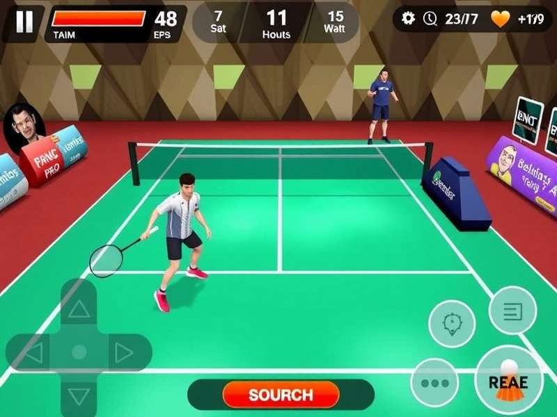 Badminton Blitz Pro gameplay screenshot showing realistic court and player